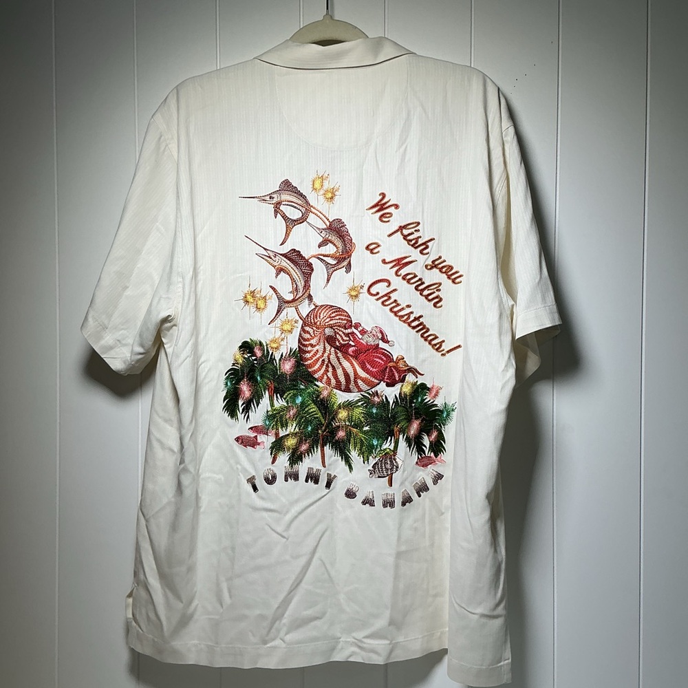Tommy Bahama Hawaiian Silk We Fish You A Marlin Xmas Embroidered Shirt Men’s LG - Picture 3 of 8